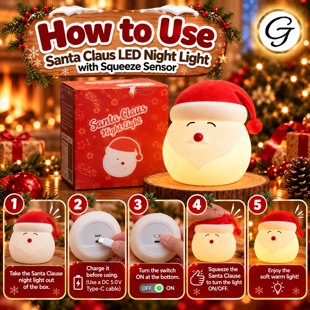 Silicone Christmas Santa Claus LED Night Light with Squeeze Sensor