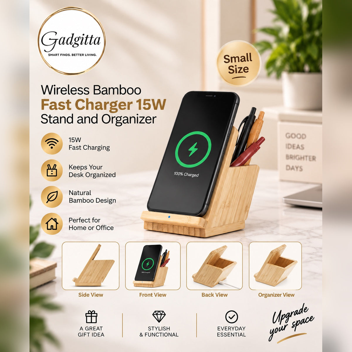 Wireless Bamboo Fast Charger and Organizer (Small)