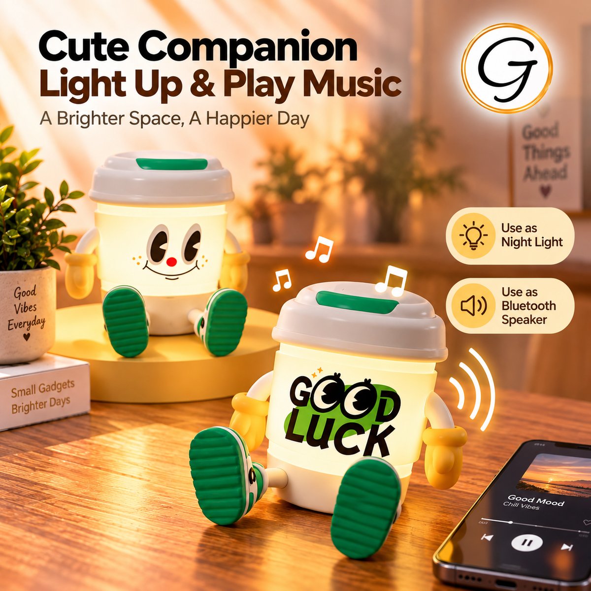 Coffee Night Light with Speaker and Phone Stand