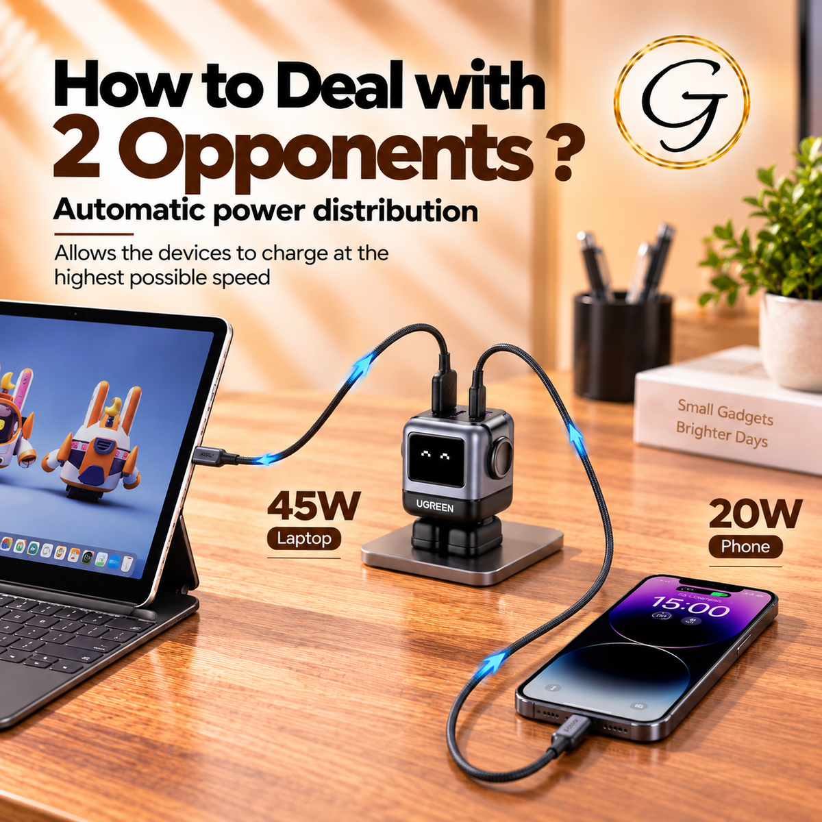 UGREEN Uno 65W 3-Port USB C & A Charger Adapter, GaN Fast Charging Block, Black, Robot Design