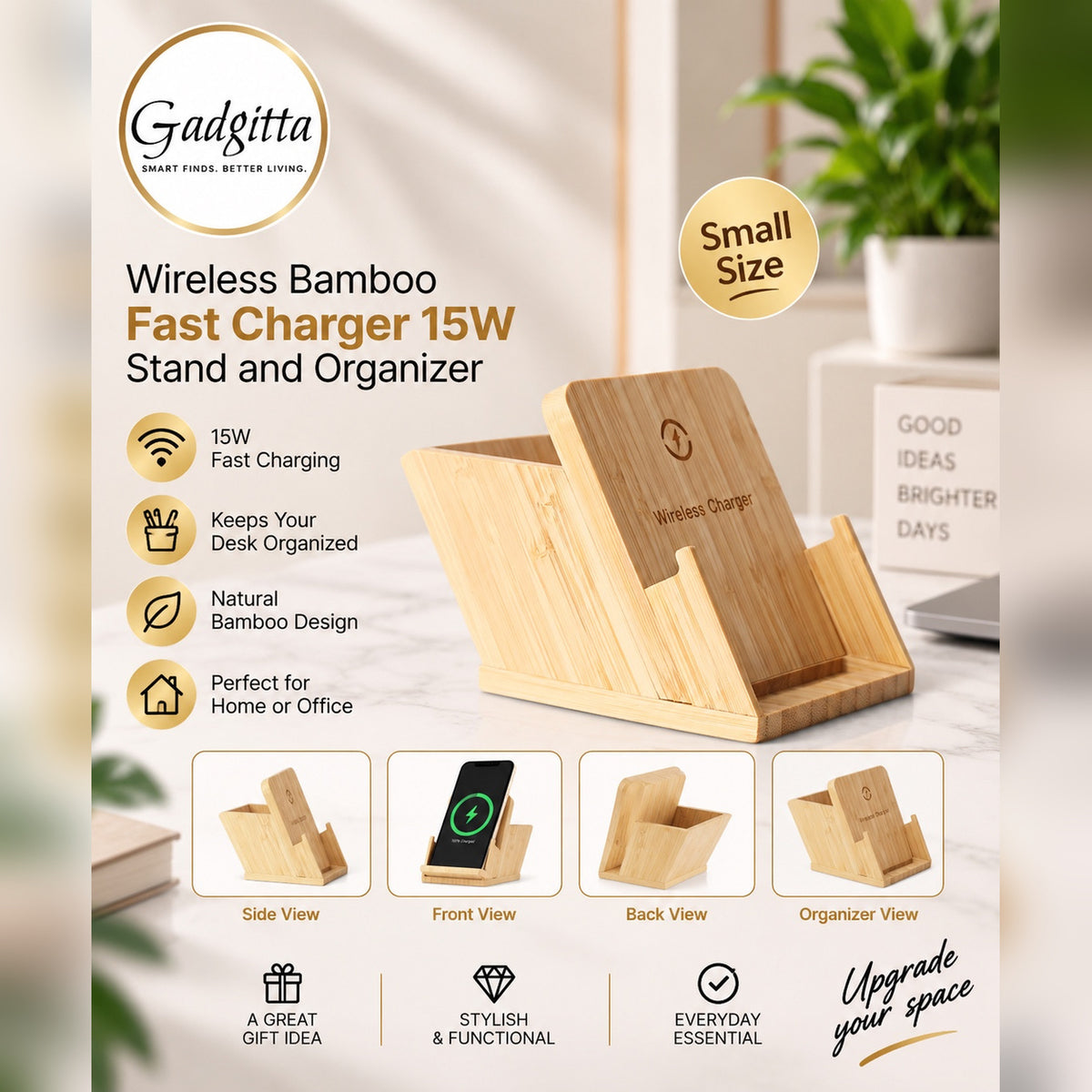 Wireless Bamboo Fast Charger and Organizer (Small)