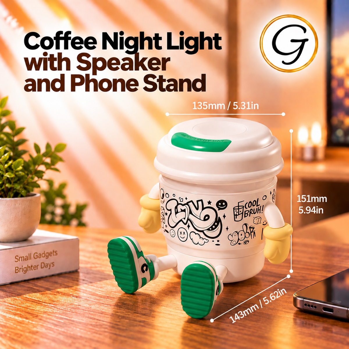Coffee Night Light with Speaker and Phone Stand