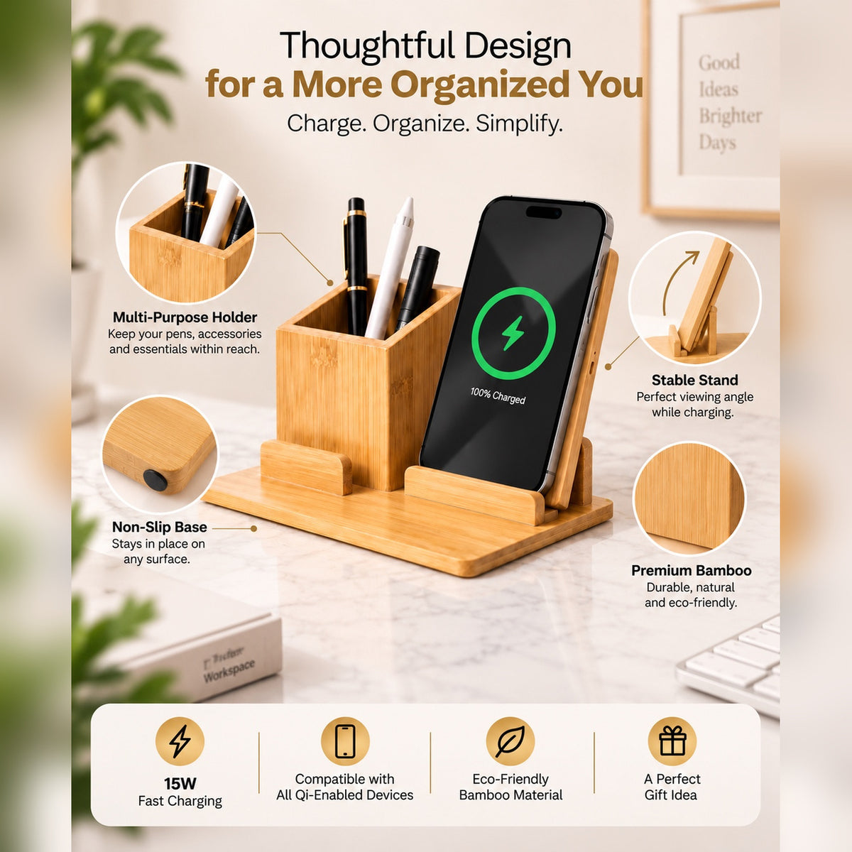 Wireless Bamboo Fast Charger and Organizer (Large)