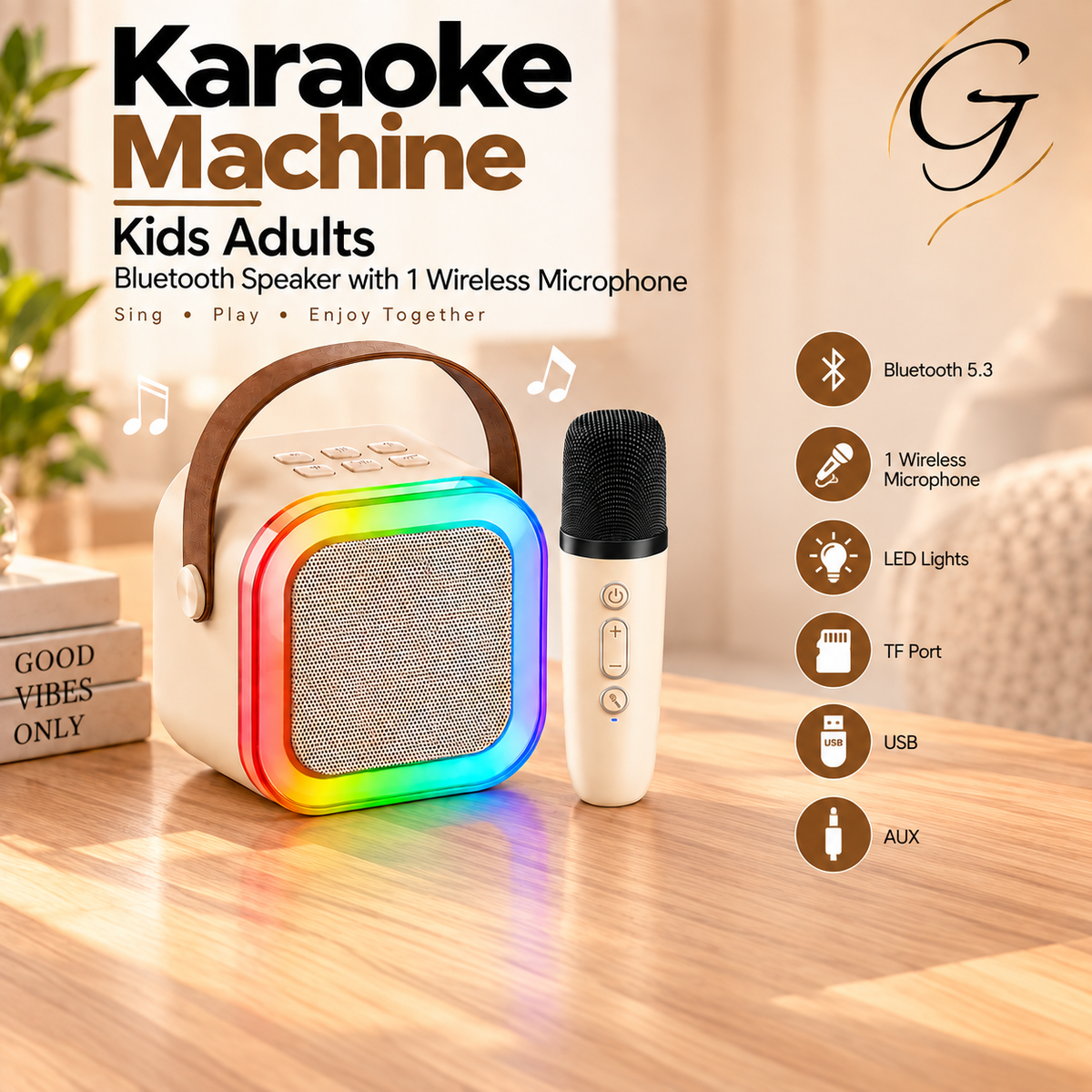 Karaoke Machine Kids Adults, Bluetooth Speaker with 1 Wireless Microphone