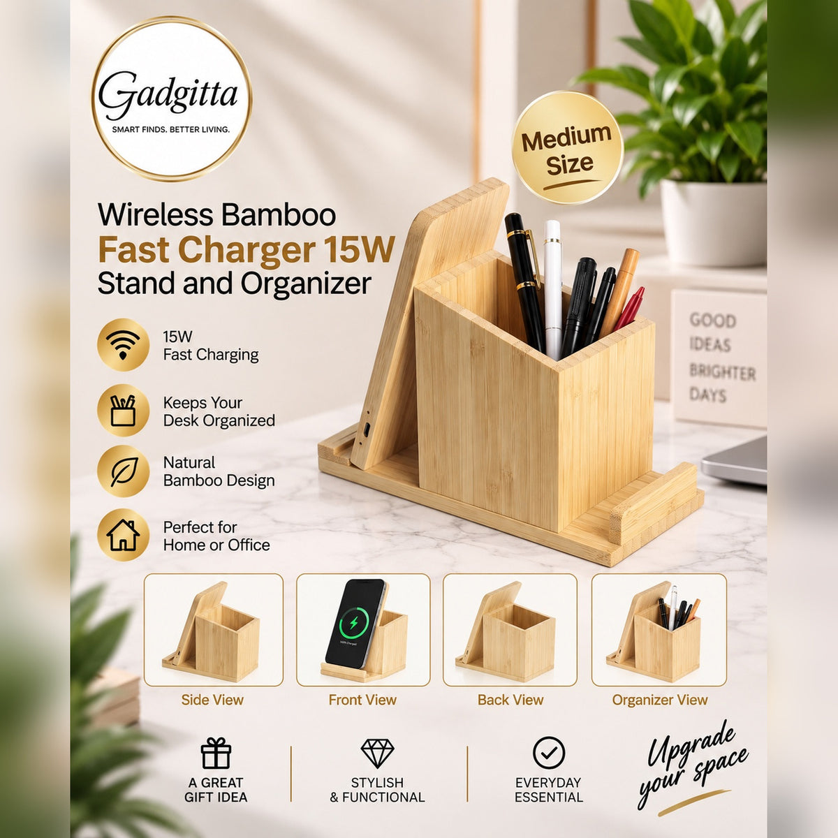 Wireless Bamboo Fast Charger and Organizer (Medium)