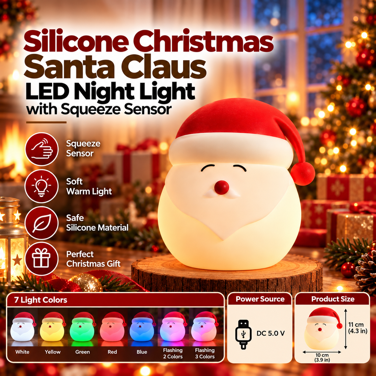 Silicone Christmas Santa Claus LED Night Light with Squeeze Sensor