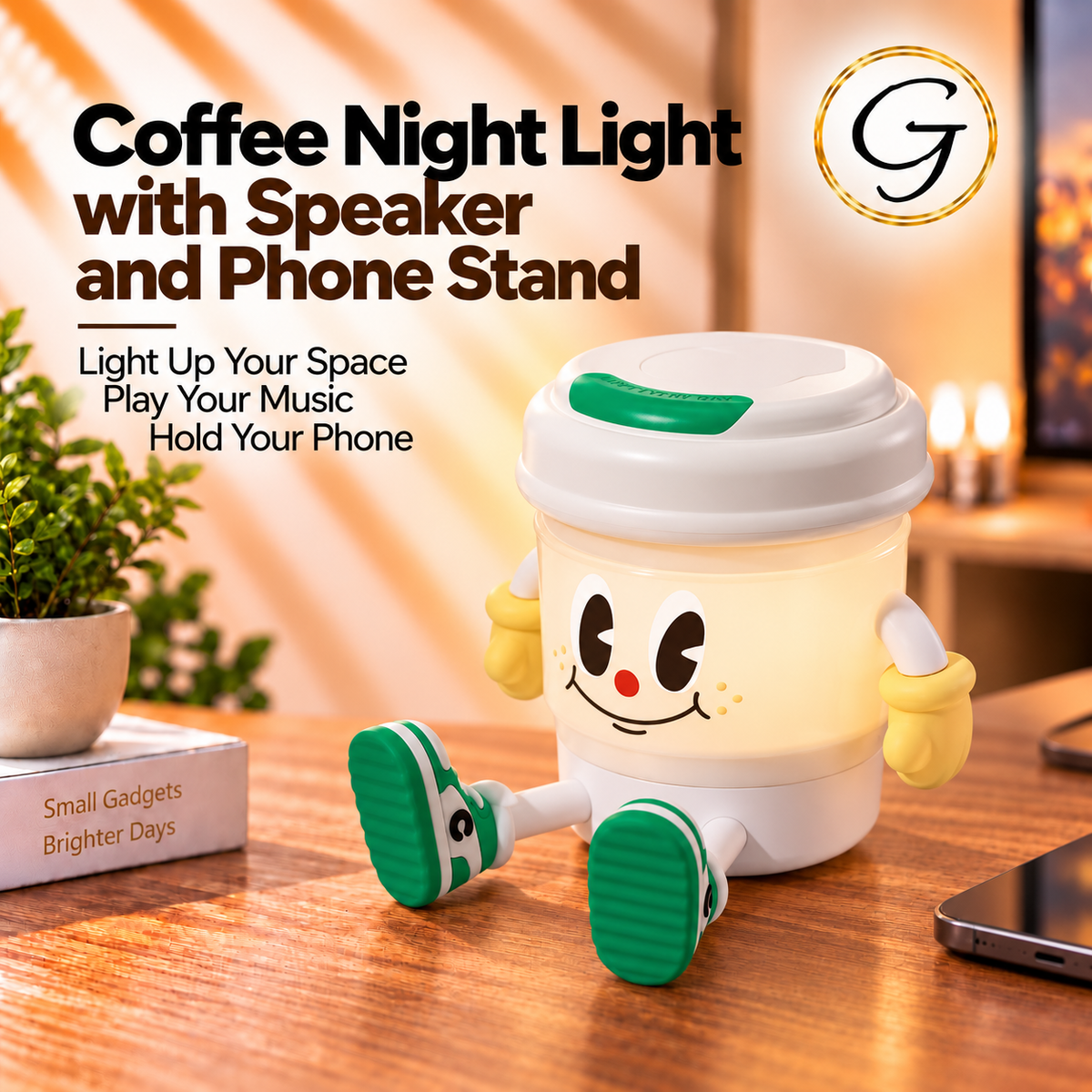 Coffee Night Light with Speaker and Phone Stand