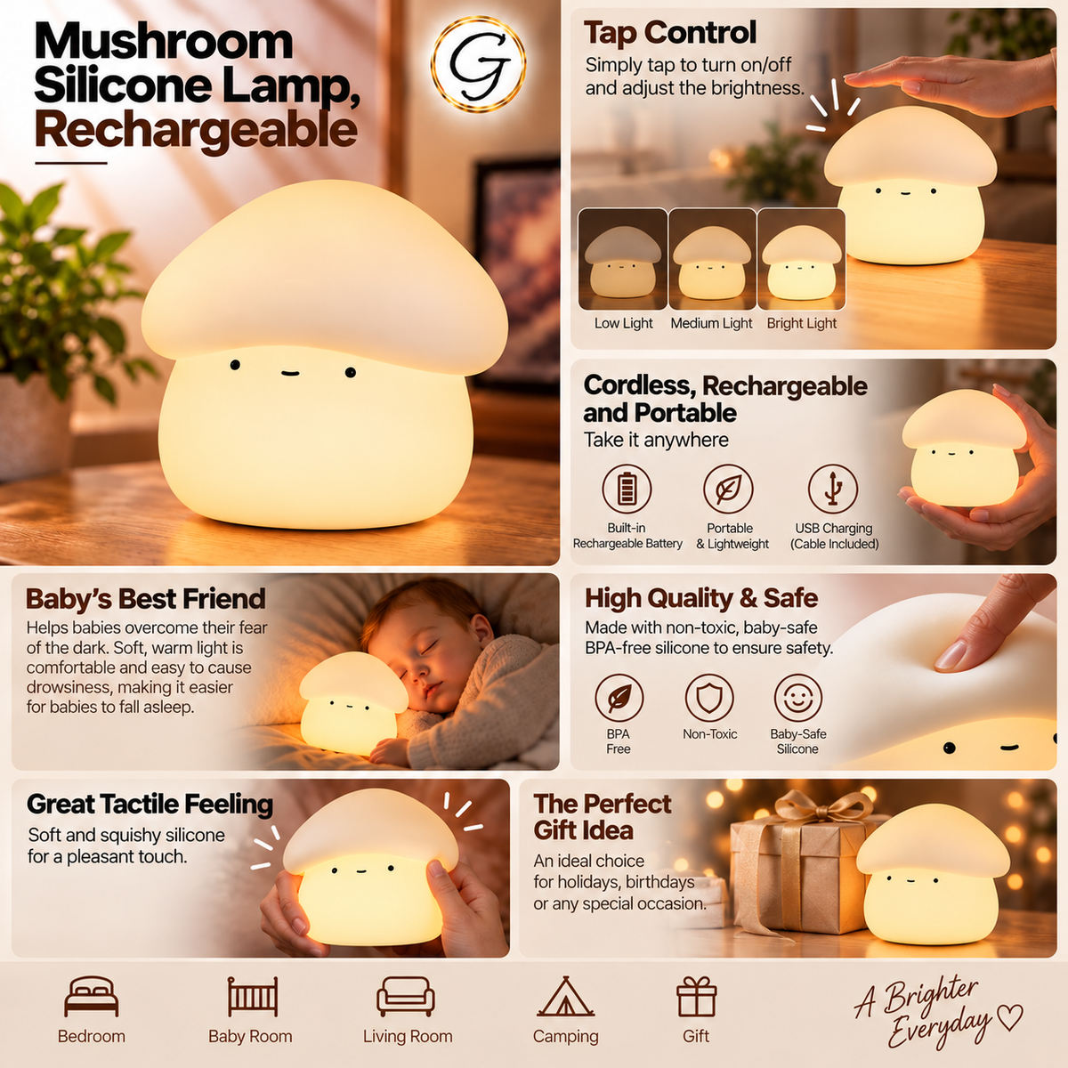 Mushroom Silicone Lamp - Rechargeable