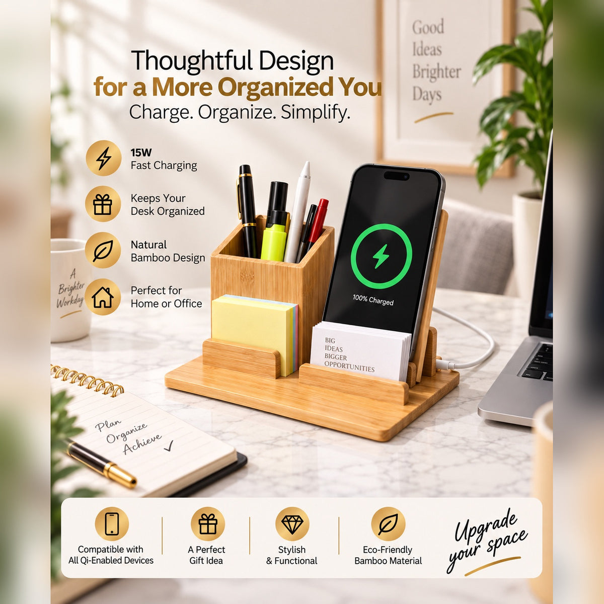 Wireless Bamboo Fast Charger and Organizer (Large)