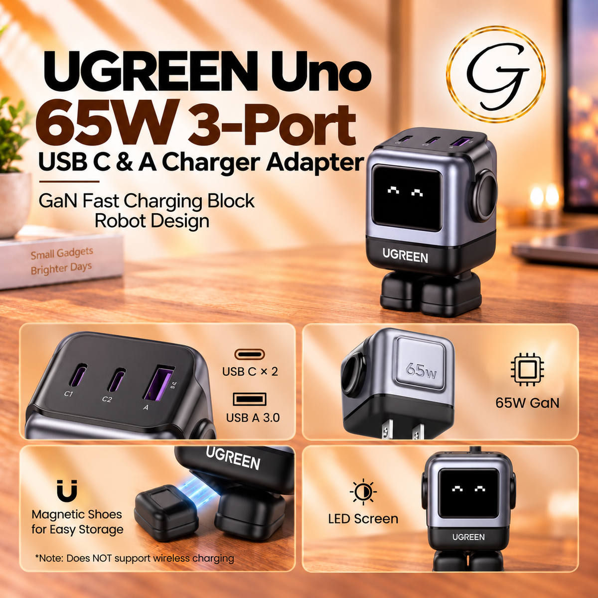 UGREEN Uno 65W 3-Port USB C & A Charger Adapter, GaN Fast Charging Block, Black, Robot Design