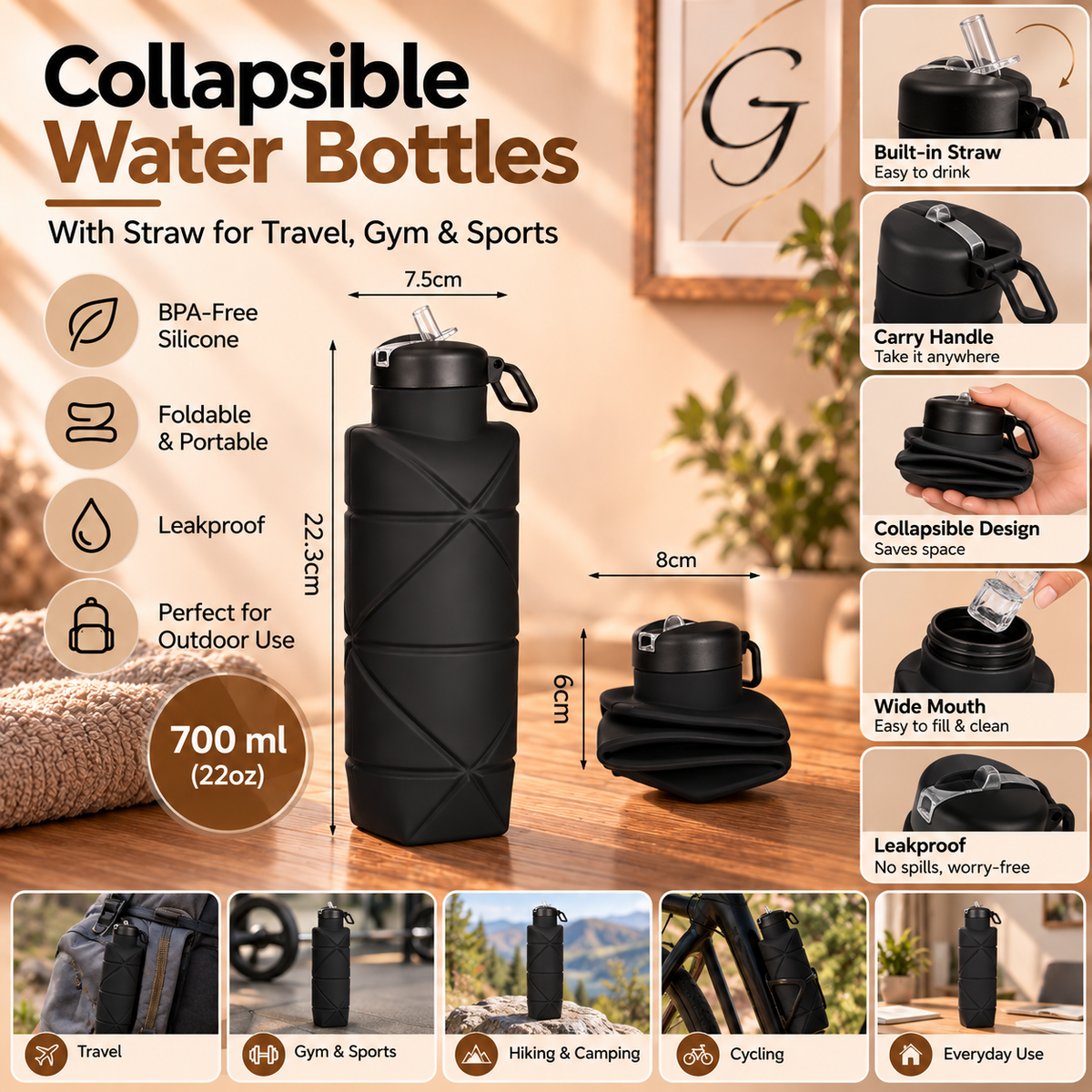 Collapsible Silicone Water Bottle - BPA Free