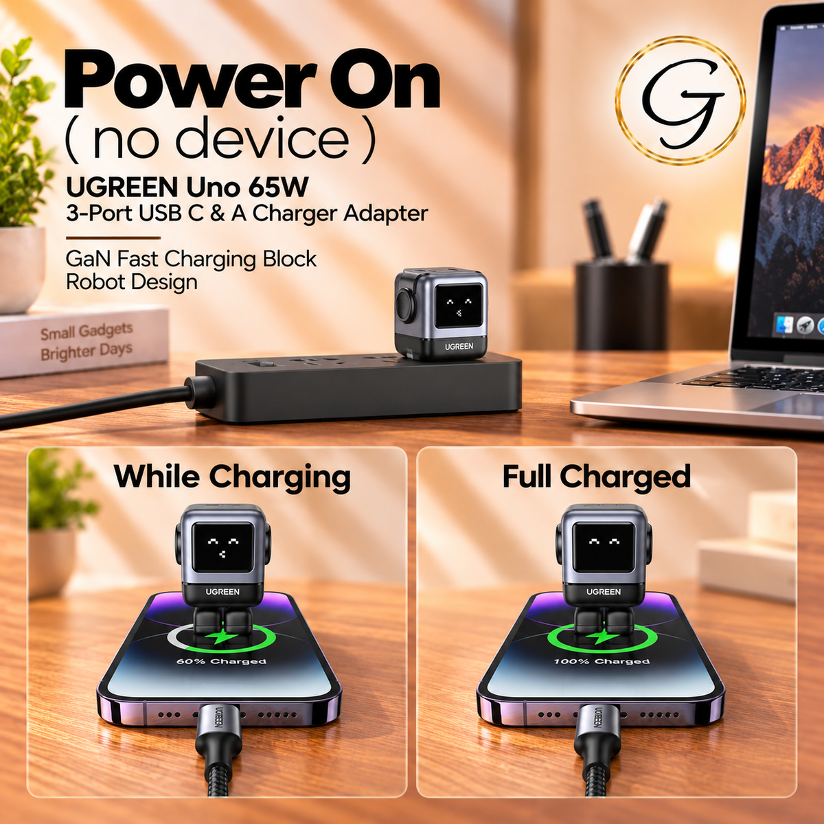 UGREEN Uno 65W 3-Port USB C & A Charger Adapter, GaN Fast Charging Block, Black, Robot Design