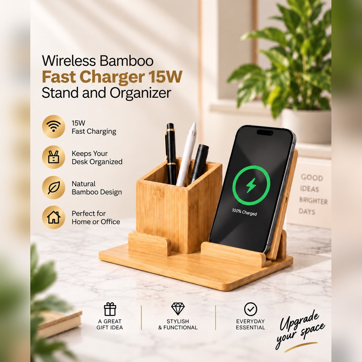 Wireless Bamboo Fast Charger and Organizer (Large)