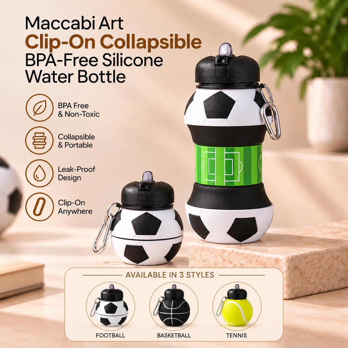 Maccabi Art Clip-On Collapsible BPA-Free Silicone Water Bottle