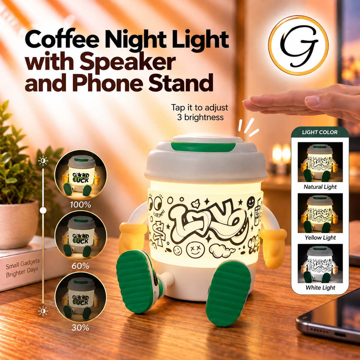 Coffee Night Light with Speaker and Phone Stand