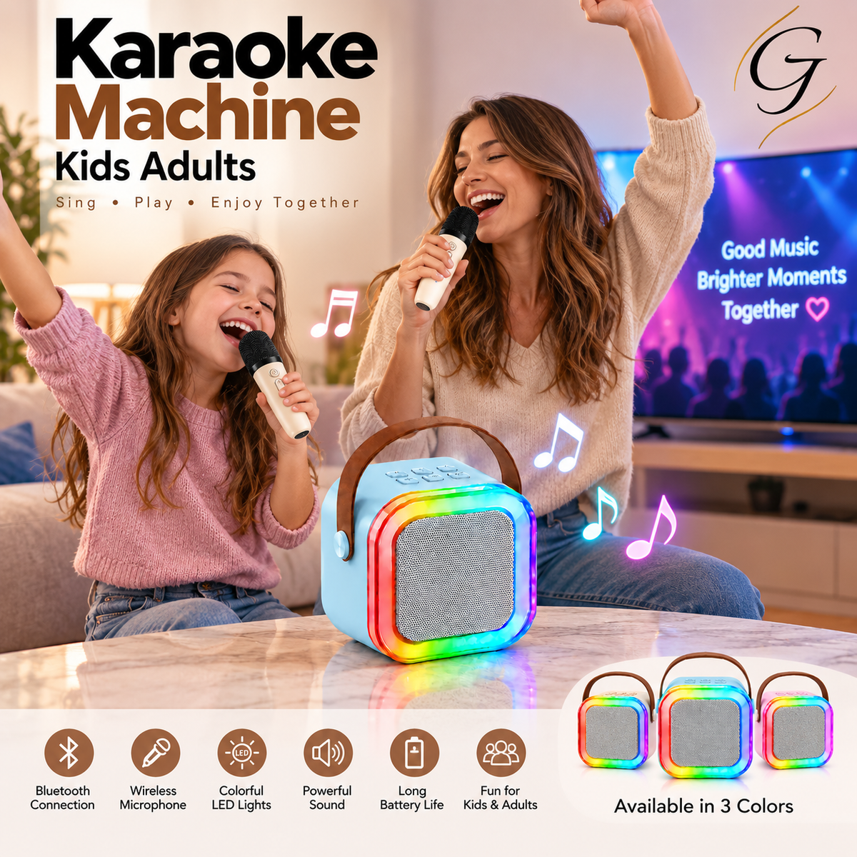 Karaoke Machine Kids Adults, Bluetooth Speaker with 1 Wireless Microphone