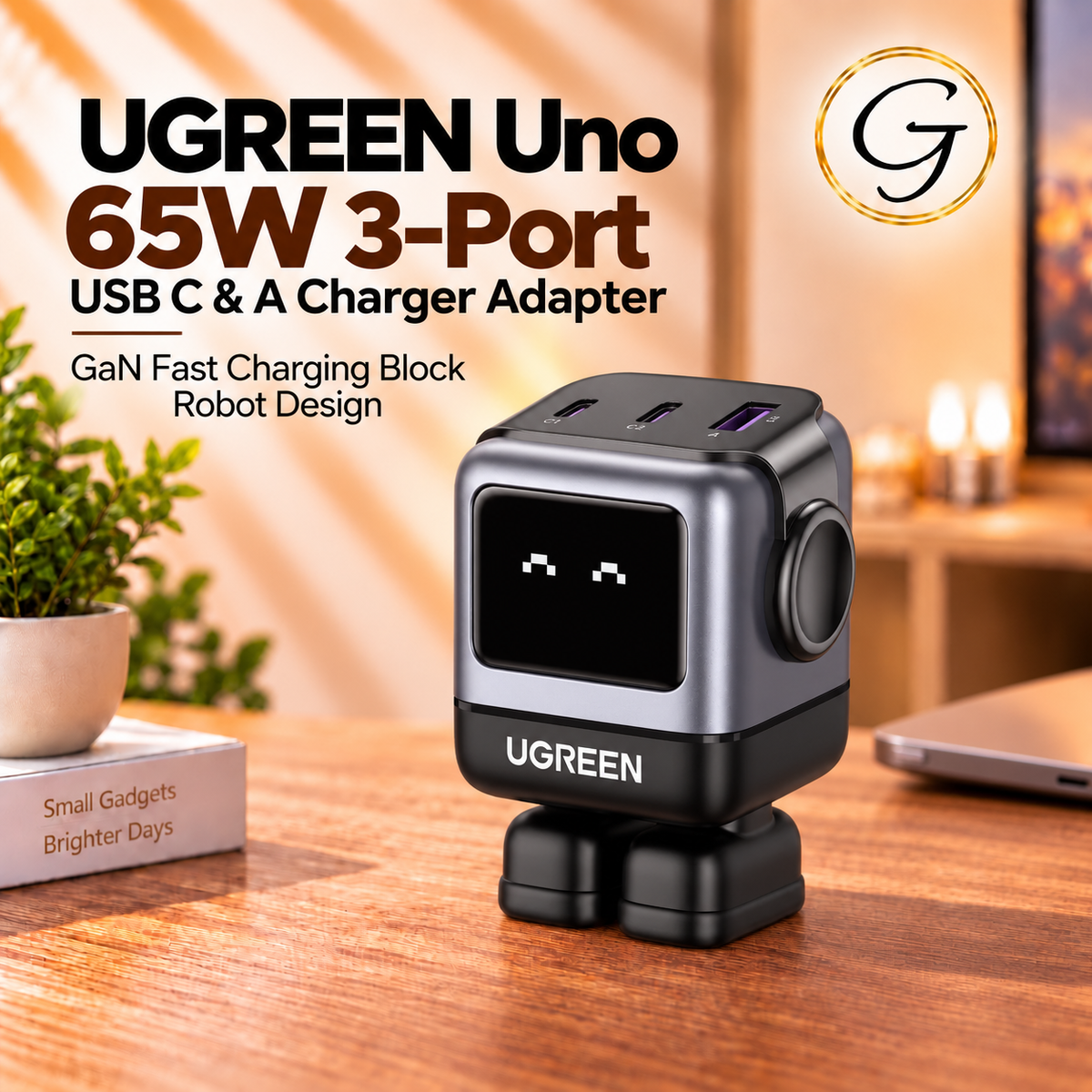 UGREEN Uno 65W 3-Port USB C & A Charger Adapter, GaN Fast Charging Block, Black, Robot Design