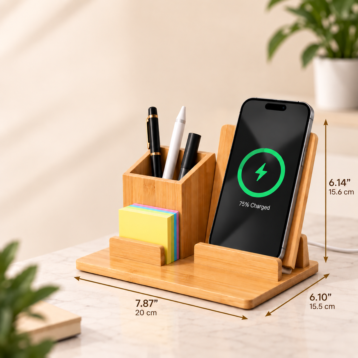 Wireless Bamboo Fast Charger and Organizer (Large)
