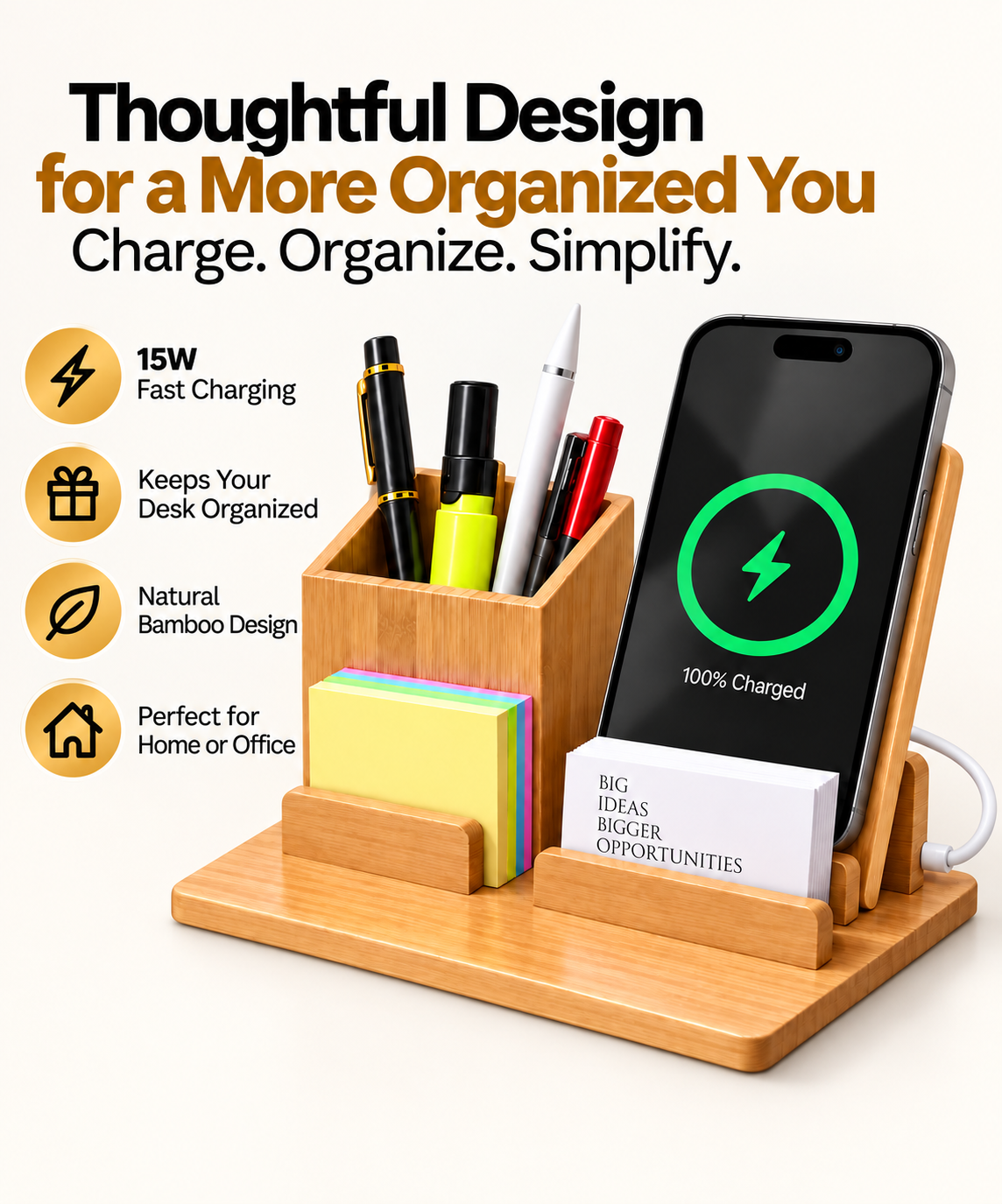 Wireless Bamboo Fast Charger and Organizer (Large)