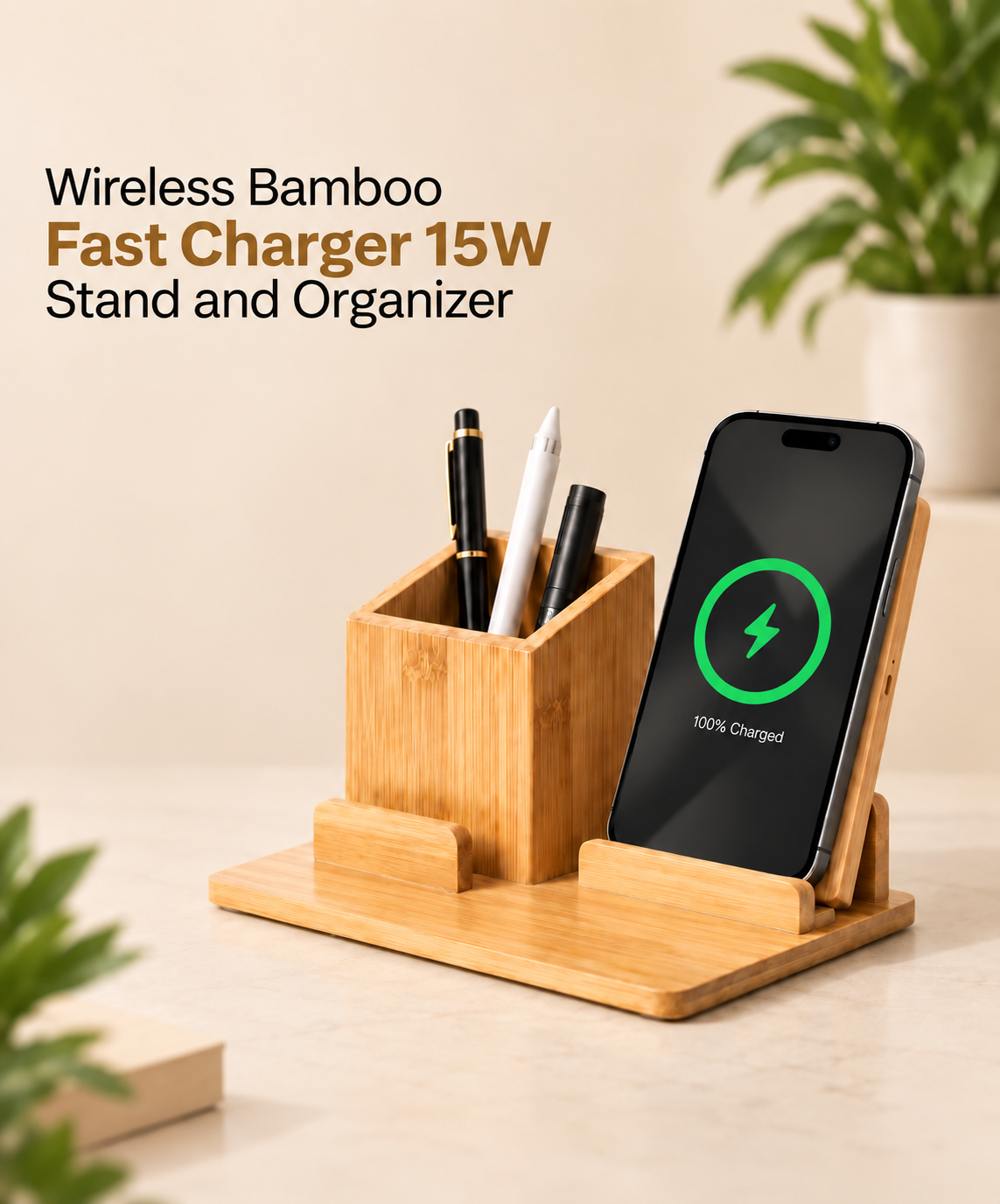 Wireless Bamboo Fast Charger and Organizer (Large)