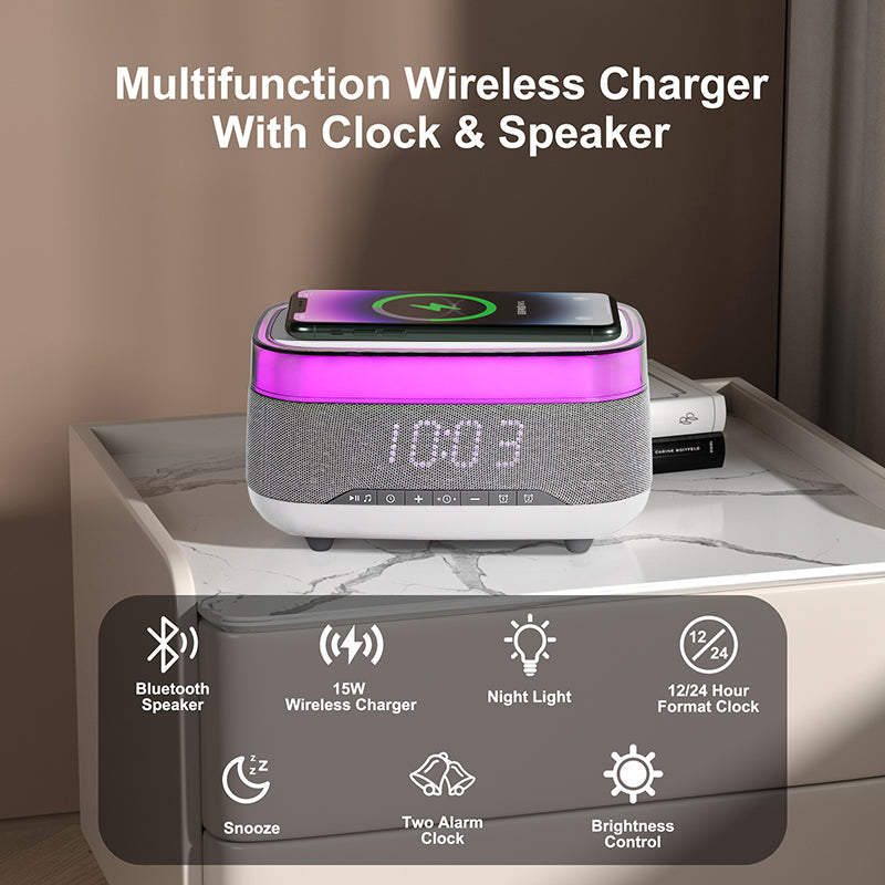 BlueTooth Speaker with Wireless Charger and Alarm Clock